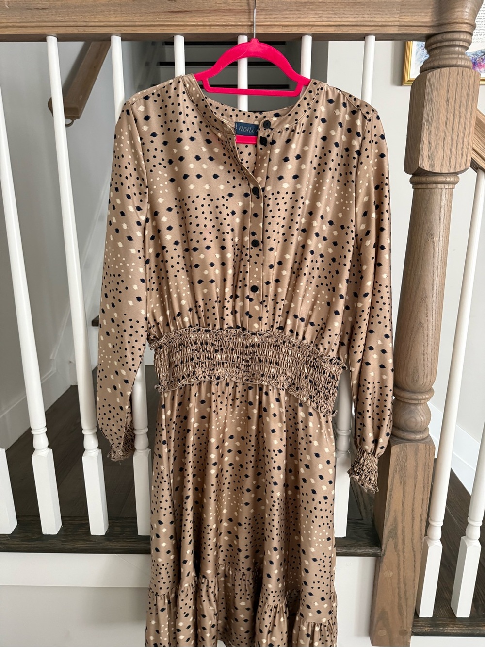 Notations Beige Polka-Dot Smocked Waist Midi Dress